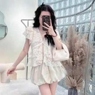 Set áo váy ren Loại 1 thiết kế áo babydoll cổ V mix chân váy bí có lót quần siêu xinh