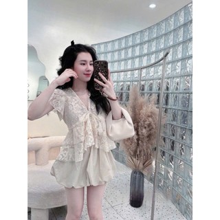 Set áo váy ren Loại 1 thiết kế áo babydoll cổ V mix chân váy bí có lót quần siêu xinh
