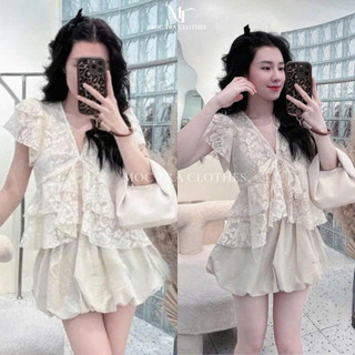 Set áo váy ren Loại 1 thiết kế áo babydoll cổ V mix chân váy bí có lót quần siêu xinh