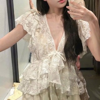 Set áo váy ren Loại 1 thiết kế áo babydoll cổ V mix chân váy bí có lót quần siêu xinh