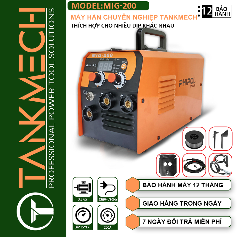 TANKMECH Máy Hàn MIG + Que 2 Chức Năng mini, Máy hàn Mig 200, Hàn MIG Hàn được cả Que Và Vật Liệu Mỏng [ Bảo Hành 12 Thá
