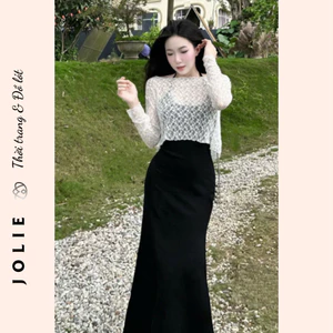 Set Áo Lưới Ren Dài Tay & Chân Váy Dáng Dài Ôm Gợi Cảm Set Đồ Thời Trang Nữ Dạo Phố Dự Tiệc