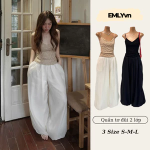 EMLY - (KHÔNG CÓ TÚI) Quần Tơ Đũi Ống Rộng Bo Gấu 2 Lớp Nữ, Quần Đũi Ống Rộng Mùa Hè Basic Hot Trend Cực Xinh