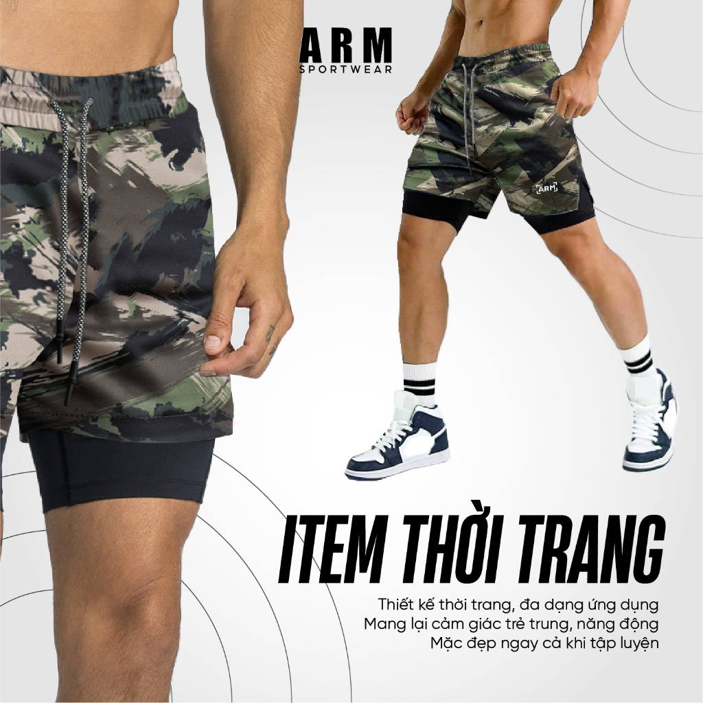 Quần Thể Thao Nam Camo 2 lớp ARM tập gym, chạy bộ thoáng khí, thấm hút mồ hôi và thoải mái vận động