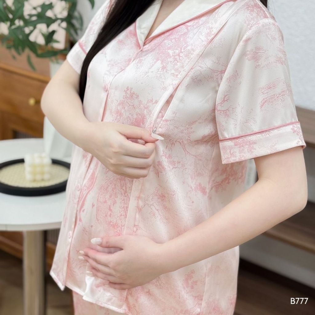 Bộ đồ lụa áo ngắn, quần dài cho mẹ bầu và sau sinh, chất liệu mềm mại, thiết kế tỉ mỉ thoáng mát cho mùa hè- B777 B2MUM
