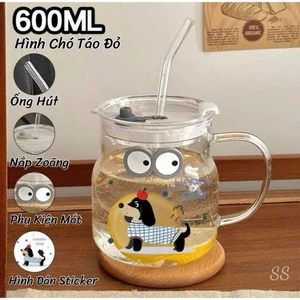 Ly cốc sứ cao cấp hình Chó Mèo dễ thương có quai cầm có nắp đậy dung tích 600ml tặng kèm Ống Hút