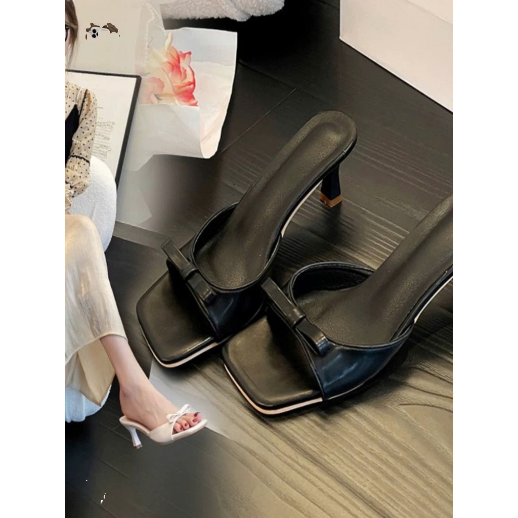 Dép Cao Gót Nữ Mũi Vuông Phối Nơ Tầng Xinh 7 cm Đi Dạo Phố, Đi Tiệc - Cin Shoes