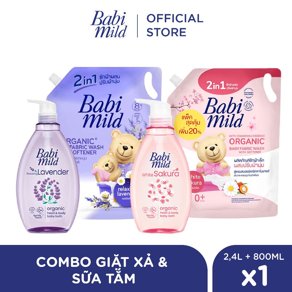 Combo Nước Giặt Xả Cho Bé Sakura 2.4L + Sữa Tắm Gội Trẻ Em 800ml - Babi Mild