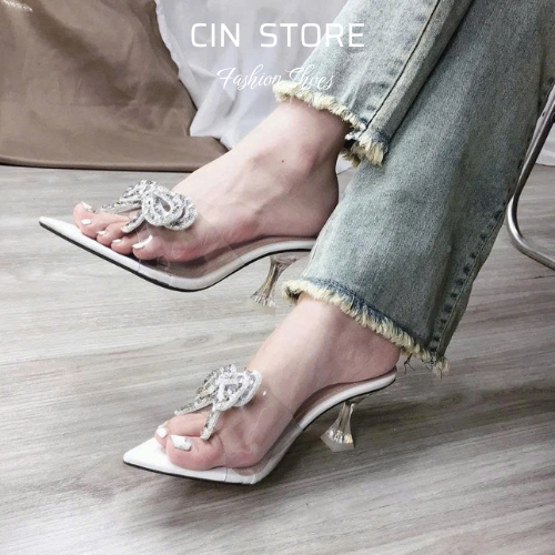 Guốc Mũi Nhọn Đính Nơ Đá 2 Tầng Bling Bling, Giày Cao Gót Nơ Đá Gót Ly 7p, 9p - Cin Shoes
