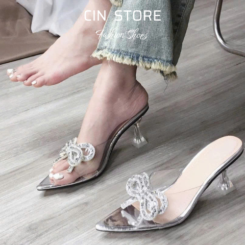 Guốc Mũi Nhọn Đính Nơ Đá 2 Tầng Bling Bling, Giày Cao Gót Nơ Đá Gót Ly 7p, 9p - Cin Shoes
