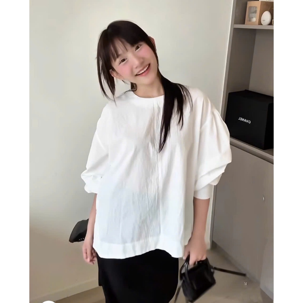 Áo sơ mi thô cổ tròn tay bồng dáng rộng Miha Studio