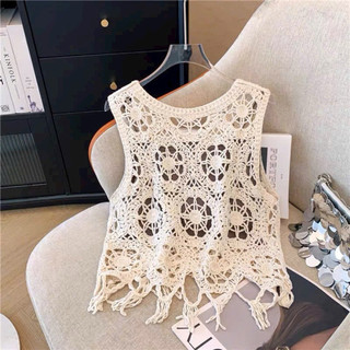 LT - Áo ren nữ sát nách ba lỗ kèm áo lót gấu tua rua, ren đan hình bông hoa style vintaget boho 1064