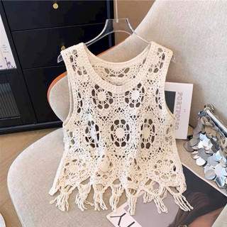 LT - Áo ren nữ sát nách ba lỗ kèm áo lót gấu tua rua, ren đan hình bông hoa style vintaget boho 1064