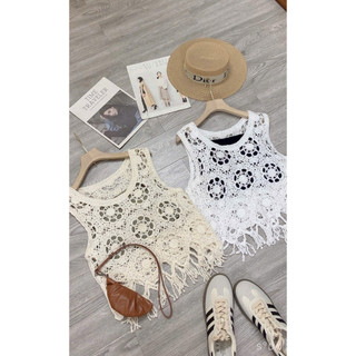 LT - Áo ren nữ sát nách ba lỗ kèm áo lót gấu tua rua, ren đan hình bông hoa style vintaget boho 1064