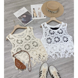 LT - Áo ren nữ sát nách ba lỗ kèm áo lót gấu tua rua, ren đan hình bông hoa style vintaget boho 1064