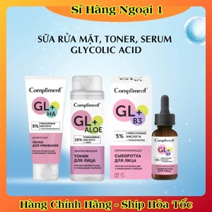 Combo Sữa rửa mặt, toner, serum Compliment 5% Glycolic Acid ngừa mụn, mờ thâm, làm sáng da của Nga