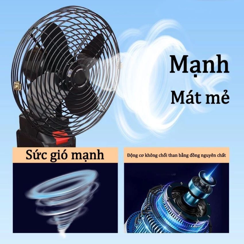 Quạt tích điện pin 10-20 Cell dùng liên tục 6-12H, Pin Makita, Quạt khung kim loại 2 cấp độ gió siêu mát.