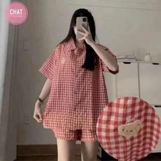 Mã O3 HÀN Bộ Pyjama Đùi Kẻ Phong Cách Hàn Quốc
