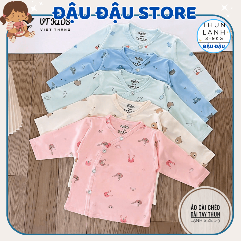(Áo Dài Màu) Combo 3/5 Áo Dài Tay VT Sơ Sinh Thun Lạnh Vạt Chéo Phối Màu Cho Bé 0 - 9 Tháng  [AL07M] Đậu Đậu Store