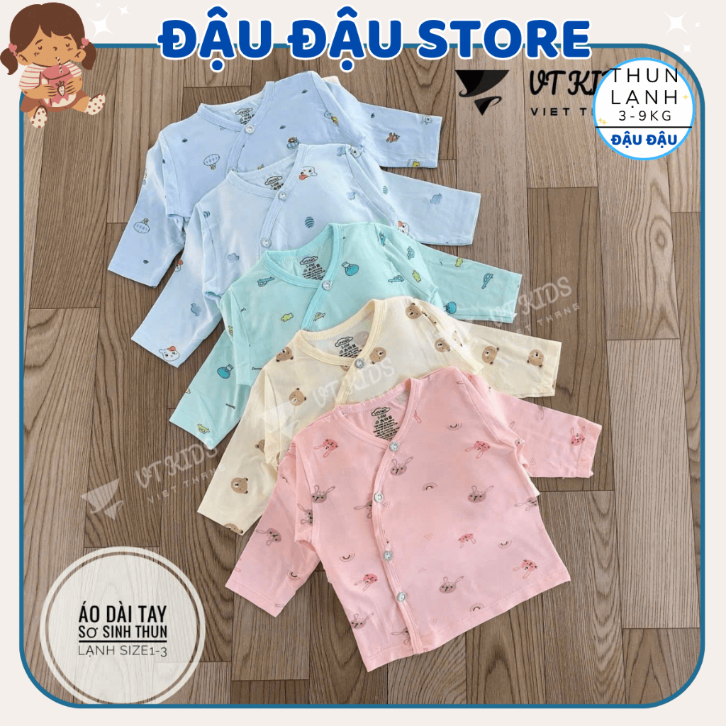 (Áo Dài Màu) Combo 3/5 Áo Dài Tay VT Sơ Sinh Thun Lạnh Vạt Chéo Phối Màu Cho Bé 0 - 9 Tháng  [AL07M] Đậu Đậu Store
