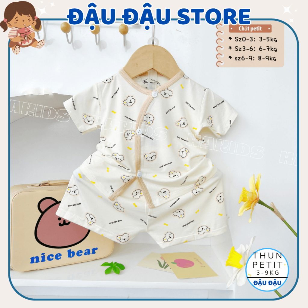 Set 2-3 Bộ Quần Áo Cộc Tay Sơ Sinh HH Thun Petit nền kem mềm mịn mát cho bé 0-9 tháng HH-CL06 Đậu Đậu Store