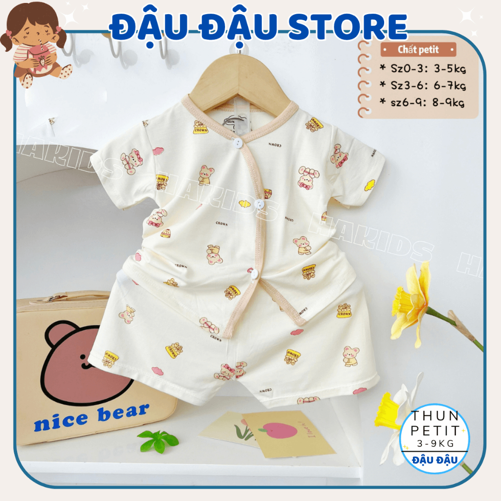 Set 2-3 Bộ Quần Áo Cộc Tay Sơ Sinh HH Thun Petit nền kem mềm mịn mát cho bé 0-9 tháng HH-CL06 Đậu Đậu Store