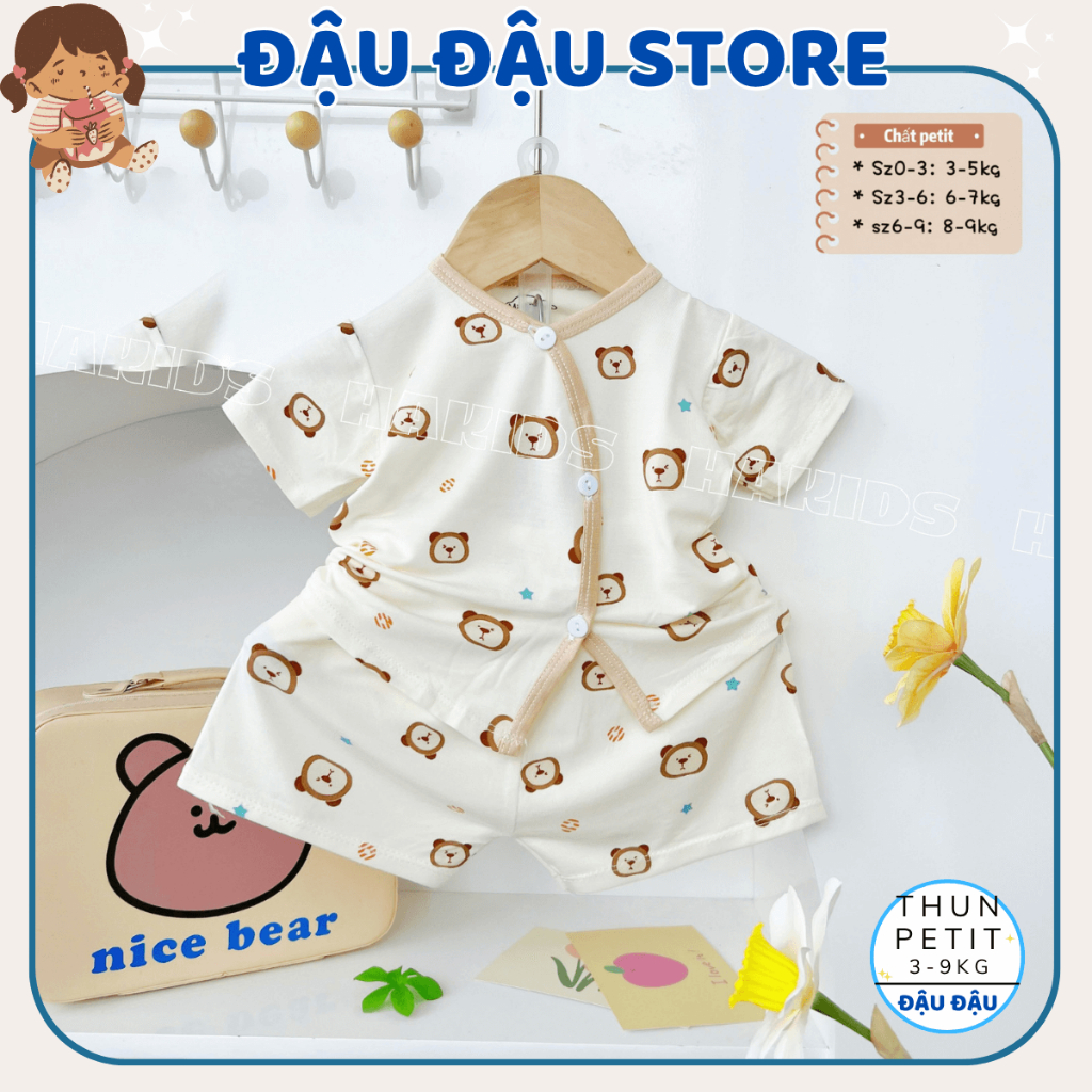 Set 2-3 Bộ Quần Áo Cộc Tay Sơ Sinh HH Thun Petit nền kem mềm mịn mát cho bé 0-9 tháng HH-CL06 Đậu Đậu Store