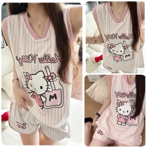 Set Đồ Bộ Nữ Mặc Nhà Tanktop Sát Nách Quần Cộc In Hình Kitty Kẻ Sọc Dễ Thương Chất Cotton Thoáng Mát