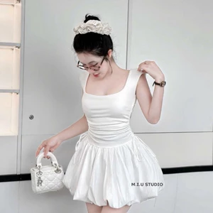 MIU.STUDIO • Váy bí bồng 2S cổ U thiết kế rút dây chiết eo tôn dáng , Đầm nữ không tay ngắn xoè bồng tiểu thư Eliza