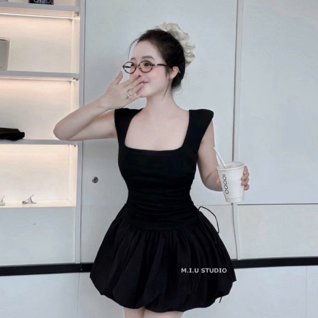 MIU.STUDIO • Váy bí bồng 2S cổ U thiết kế rút dây chiết eo tôn dáng , Đầm nữ không tay ngắn xoè bồng tiểu thư Eliza