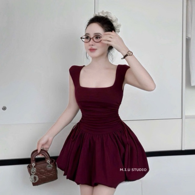 MIU.STUDIO • Váy bí bồng 2S cổ U thiết kế rút dây chiết eo tôn dáng , Đầm nữ không tay ngắn xoè bồng tiểu thư Eliza