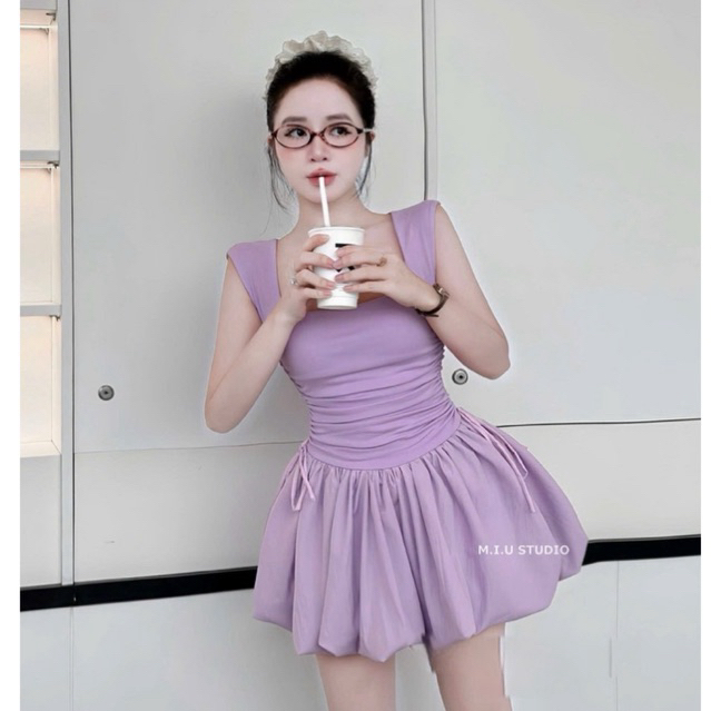 MIU.STUDIO • Váy bí bồng 2S cổ U thiết kế rút dây chiết eo tôn dáng , Đầm nữ không tay ngắn xoè bồng tiểu thư Eliza