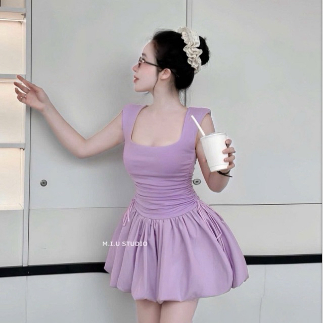MIU.STUDIO • Váy bí bồng 2S cổ U thiết kế rút dây chiết eo tôn dáng , Đầm nữ không tay ngắn xoè bồng tiểu thư Eliza