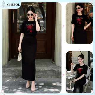 Set (Áo Thun Đen + Chân Váy Đuôi Cá) Áo Phông Nữ Chepol Unisex, Cổ Tròn, Tay ngắn, chất cotton co dãn 2 chiều CP_10079