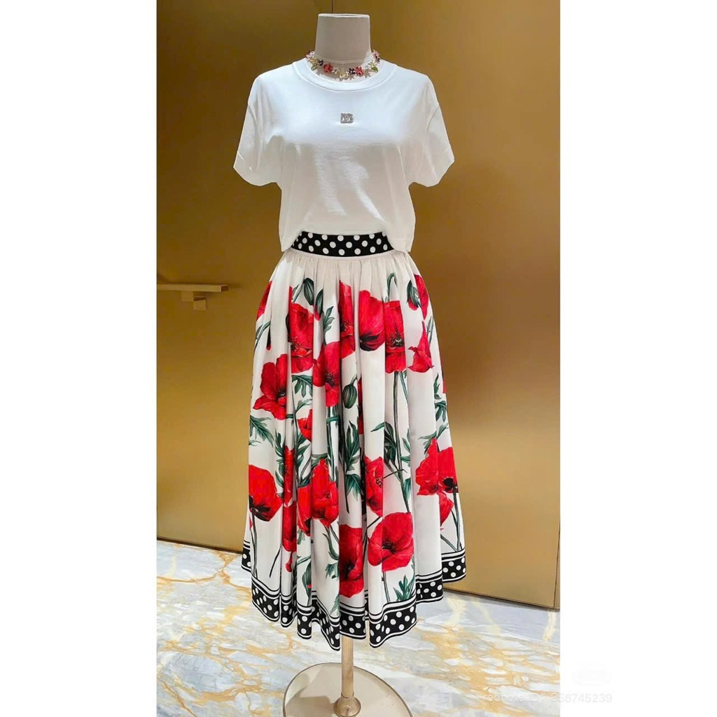 set áo trễ vai và váy dài hoa đỏ xinh 🌺