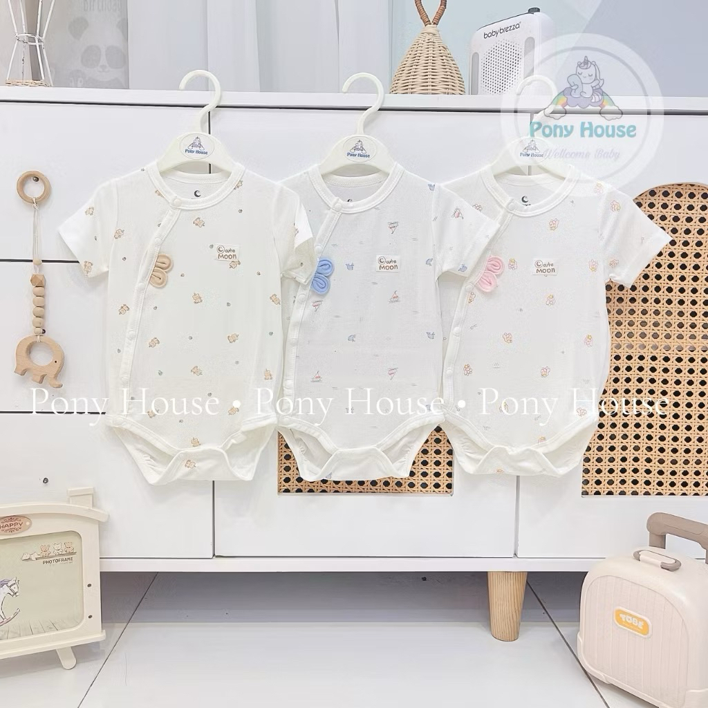 Body chip cộc  MOON cộc tay vải petit mỏng hè mát mềm bodysuit sơ sinh bé trai bé gái 3 màu