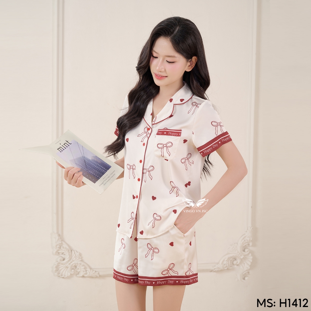 Bộ đồ ngủ nữ Pijama lụa VINGO/VINGORIA tay cộc xuân hè H1412 | BigBuy360 - bigbuy360.vn