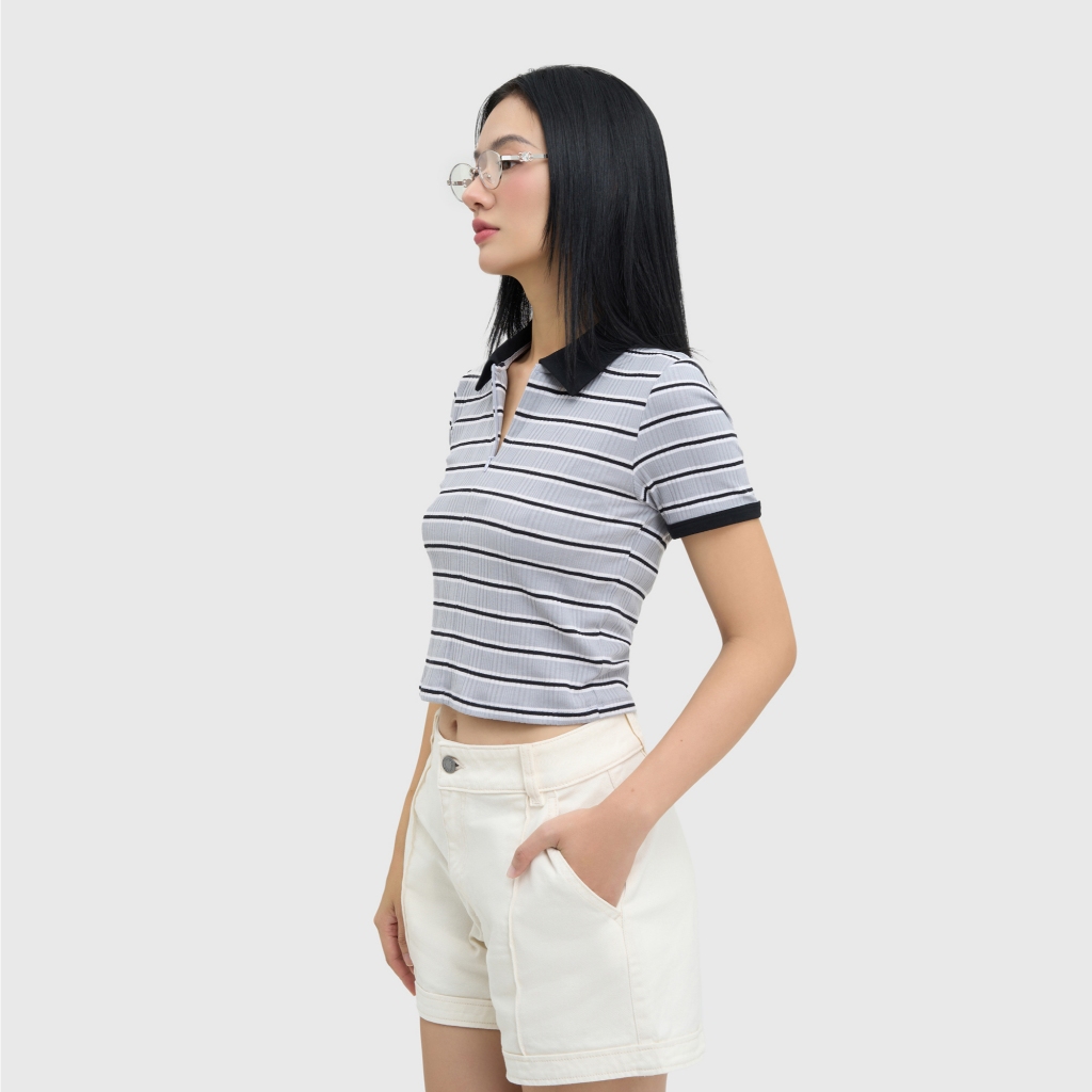 Áo polo nữ hoạ tiết kẻ CANIFA cộc tay cổ bẻ 6TP25S005