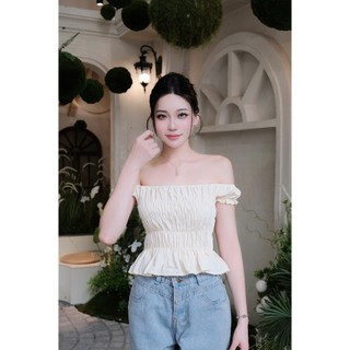 Áo Trễ Vai Nhún Ôm Body Dáng Crop Chất Gió Nhăn Co Giãn Aotrevai333