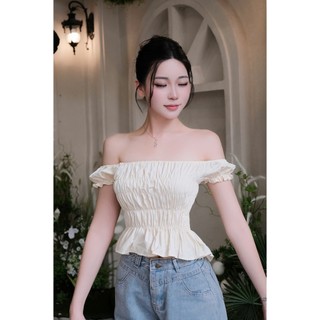 Áo Trễ Vai Nhún Ôm Body Dáng Crop Chất Gió Nhăn Co Giãn Aotrevai333