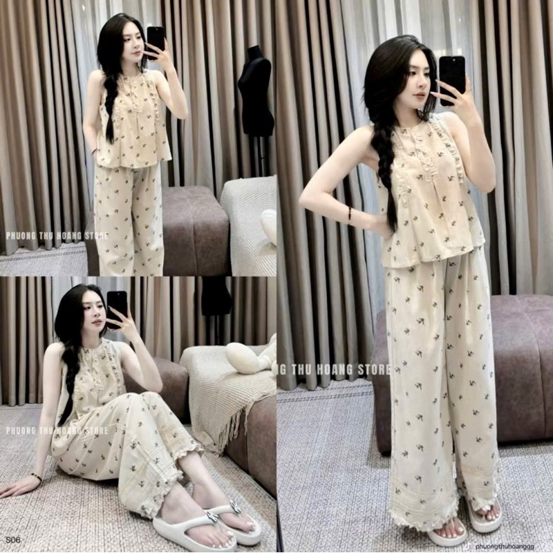 L709- sét bộ đũi cao cấp, áo sát nách viền ren mix quần suông viền ren, chất đũi họa tiếc hoa nhí (38-55kg)