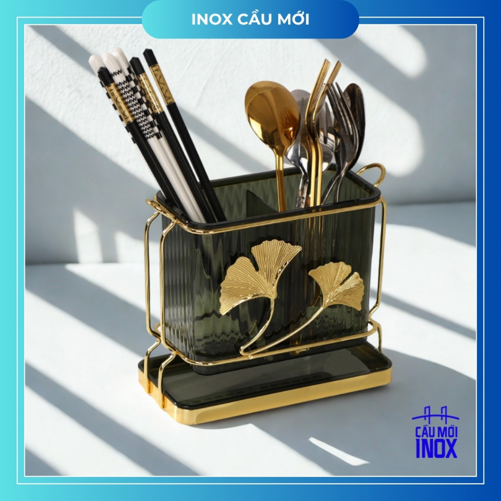 Bộ ống đựng muỗng đũa khung kim loại, có khay hứng nước phong cách Bắc Âu, nhựa acrylic cao cấp