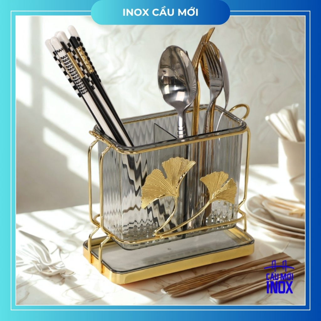 Bộ ống đựng muỗng đũa khung kim loại, có khay hứng nước phong cách Bắc Âu, nhựa acrylic cao cấp