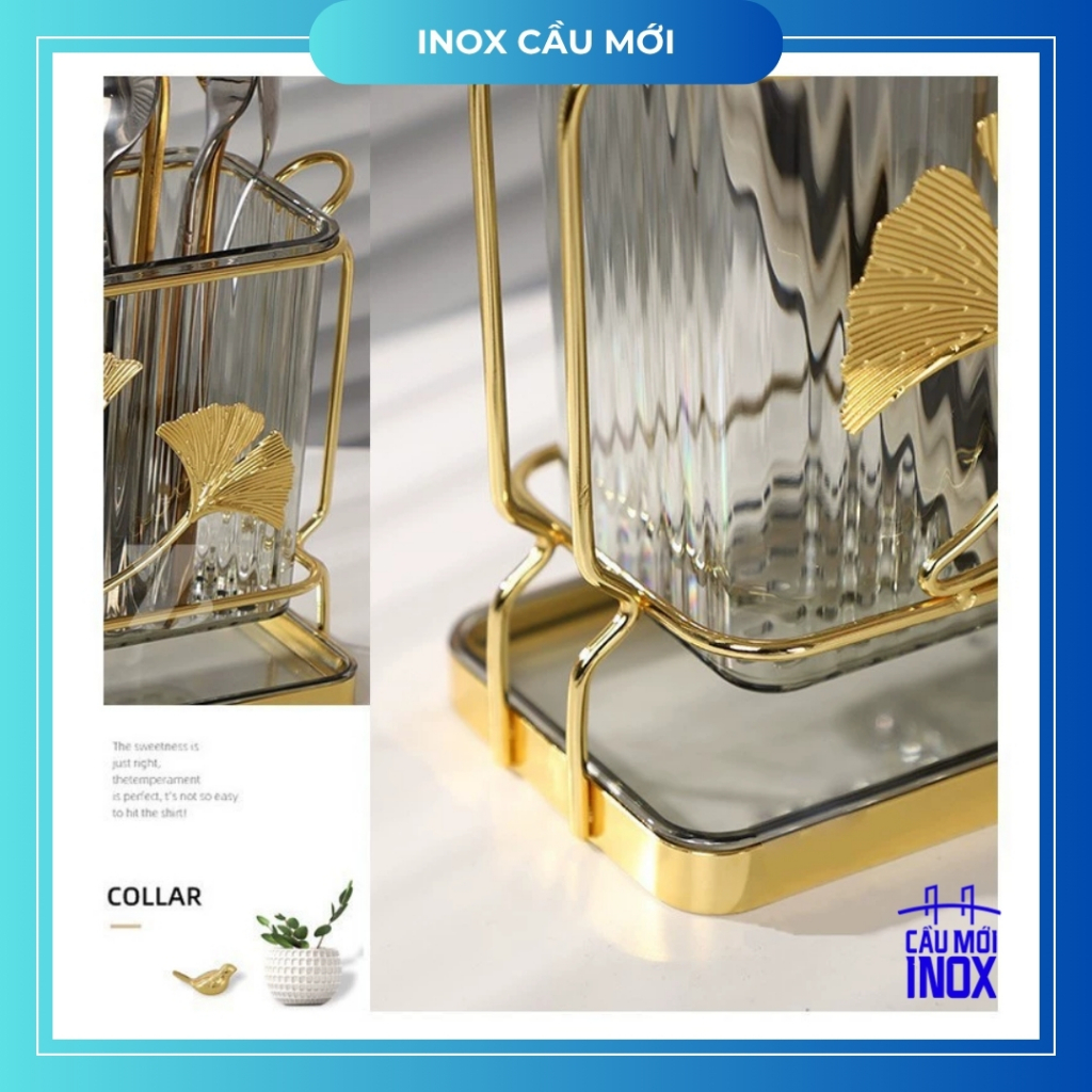 Bộ ống đựng muỗng đũa khung kim loại, có khay hứng nước phong cách Bắc Âu, nhựa acrylic cao cấp
