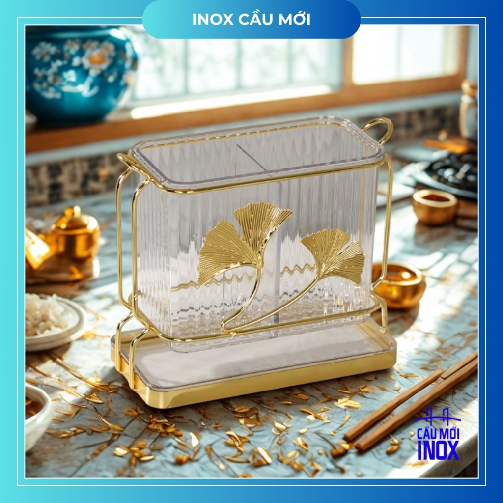 Bộ ống đựng muỗng đũa khung kim loại, có khay hứng nước phong cách Bắc Âu, nhựa acrylic cao cấp