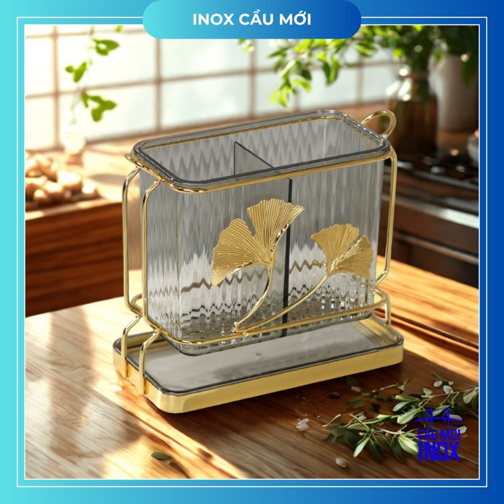 Bộ ống đựng muỗng đũa khung kim loại, có khay hứng nước phong cách Bắc Âu, nhựa acrylic cao cấp