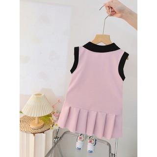 Váy polo bé gái 2-7 tuổi sát nách màu hồng ruốc viền cổ màu đen D1137