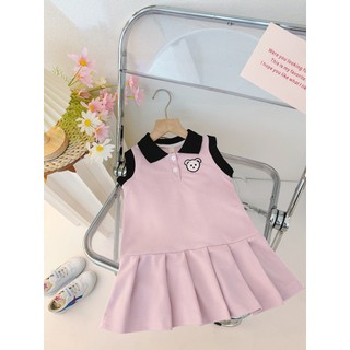 Váy polo bé gái 2-7 tuổi sát nách màu hồng ruốc viền cổ màu đen D1137