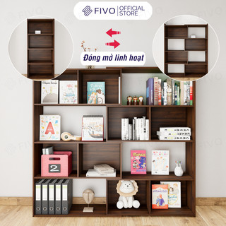 [Freeship Toàn Quốc] Kệ Sách Decor Đa Năng 4 Tầng Màu Walnut FIVO Mã FB71, Đóng Mở Linh Hoạt, Thay Đổi Kiểu Dáng