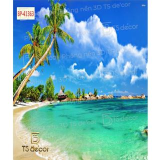 Phông Nền Chụp Ảnh Phong Cảnh Bãi Biển cát trắng, cây dừa xanh mát